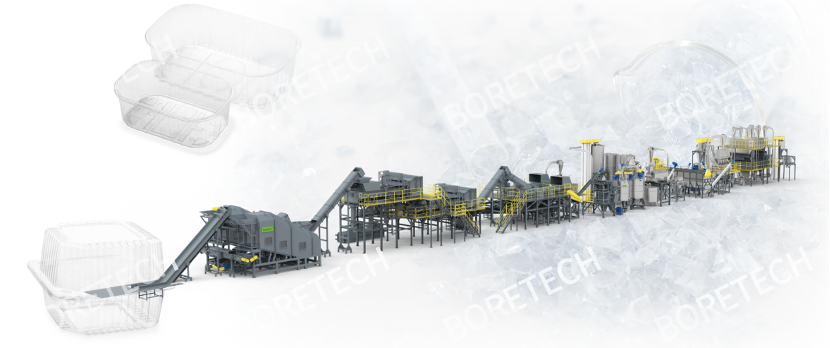 Boretech has implemented its self-developed PET TRAY washing process to achieve a true tray-to-tray closed-loop recycling system. This facility recycle tray wastes to tray flakes, used in the production of recycled trays.